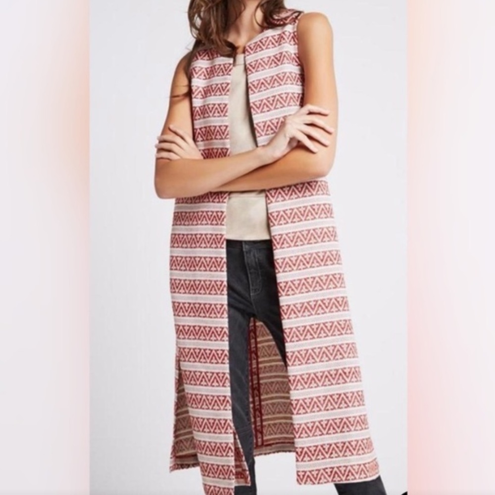 BCBGeneration Red and Cream Tribal Print Jacquard Duster Vest